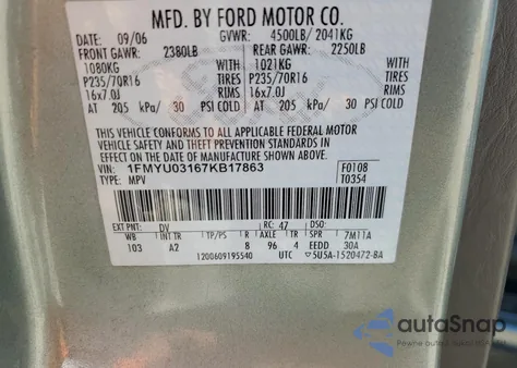 2007 Ford Escape Xlt/Xlt Sport z USA, uszkodzony, nr VIN 1FMYU03167KB17863